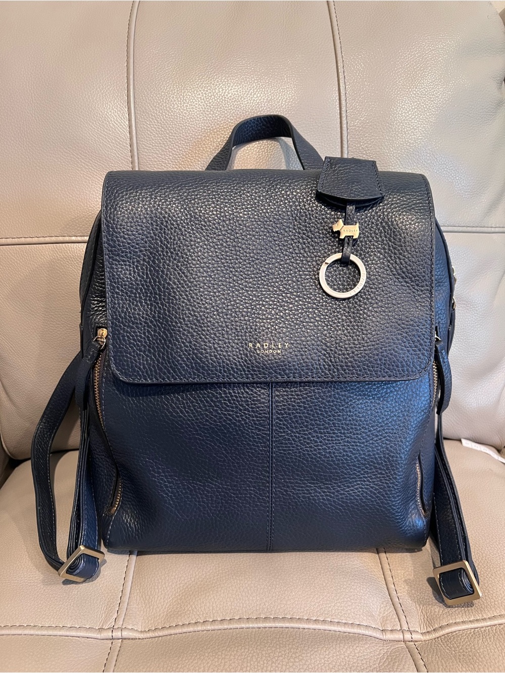 Radley London Navy Leather Flapover Backpack Bag Dog Charm